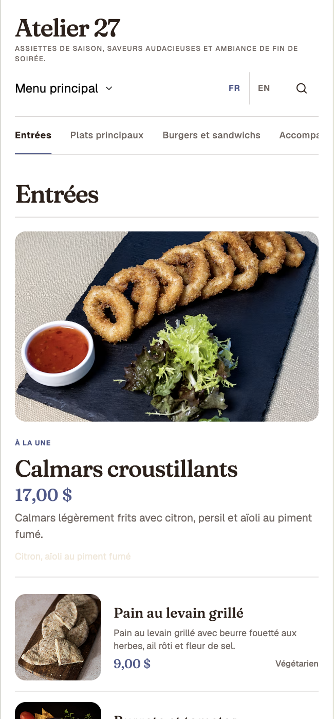 Luminay digital restaurant menu